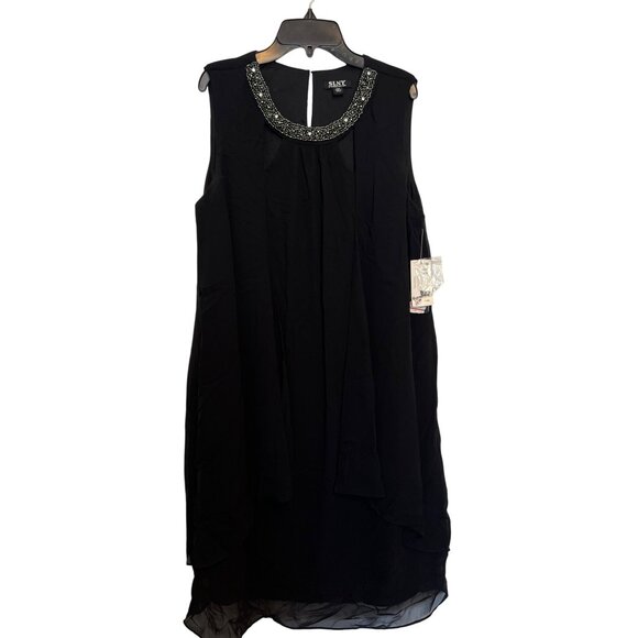 Black Sleeveless Beaded Neckline Dress 14W With Flowing Chiffon Overlay & Keyhol - Picture 1 of 6